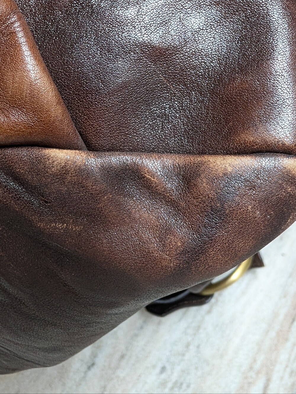 Francesco Biasia Distressed Brown Leather Shoulder Bag with Brass Ring Detail - Picture 12 of 16